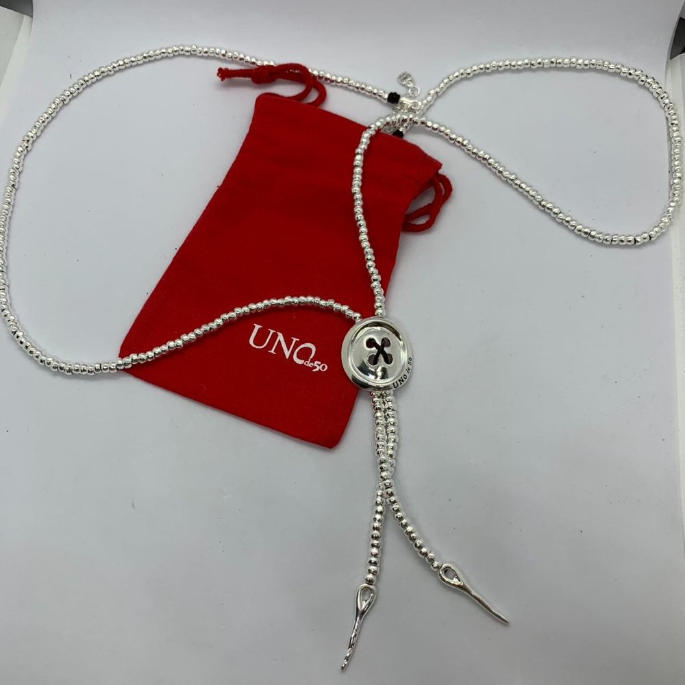 UNO de 50 Necklace Button and Beads Necklace Long Brown Leather Silver -plated
